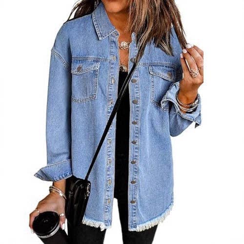 Washed Denim Jacket Women Frayed Hem for wholesale by ShieldChic