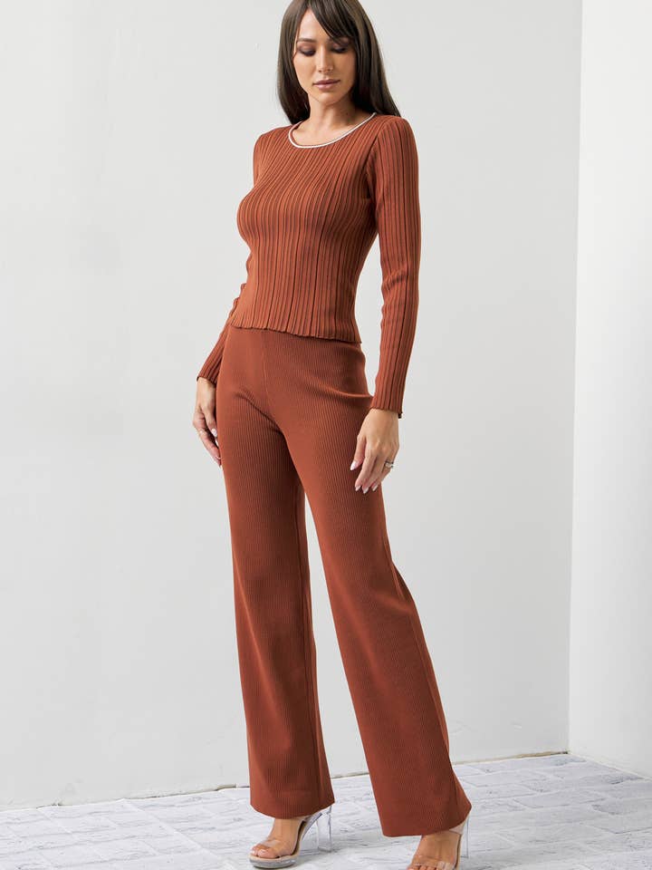 BROWN Oakley Ribbed Knit Long Sleeve & Pants Set for wholesale on Faire