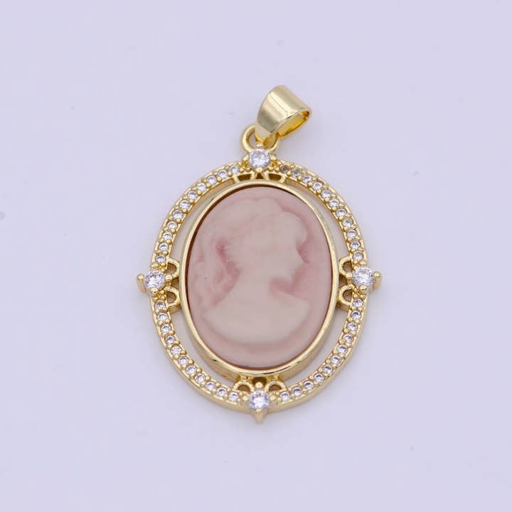 Aim Eternal - Wholesale Individual Charm/Pendant - 24K Gold Filled Micro Paved CZ Blue Pink Green Agate Women's Portrait Italian Cameo Victorian Vintage Pendant N-616 N-617 N-6182