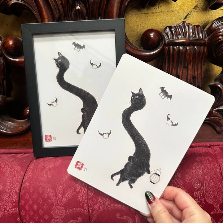 Carte d'art encadrée "Neko Rokurokubi" & Cartes simples pour la vente par Stephanie Inagaki