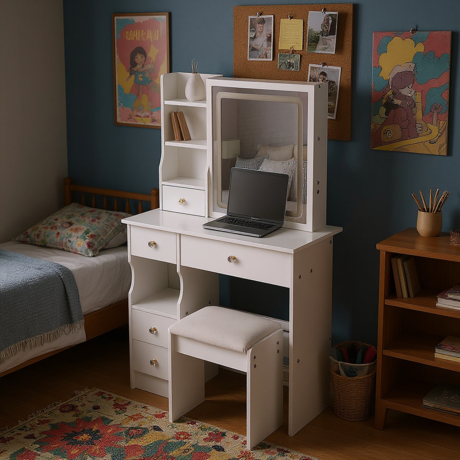 White Small Vanity Dressing Table with Padded Stool & Mirror Light for wholesale on Faire1