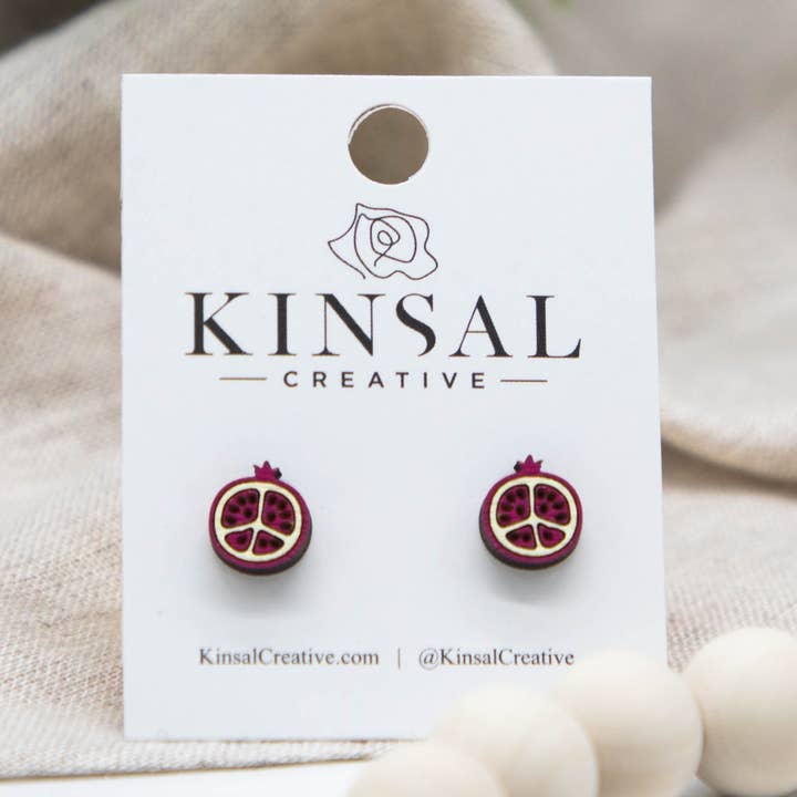 Pomegranate Slice Wood Stud Earrings for wholesale by Kinsal Creative