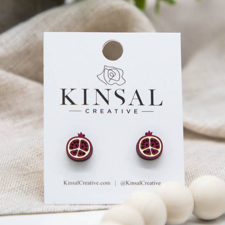 Pomegranate Slice Wood Stud Earrings for wholesale by Kinsal Creative