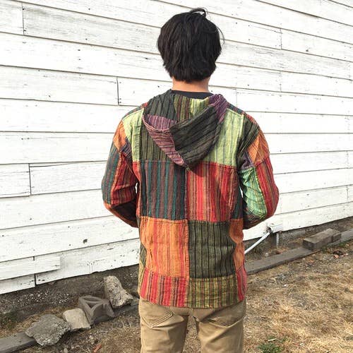 Hippie Cotton Patchwork Hoodie With Front Pocket & Stonewash for wholesale on Faire1
