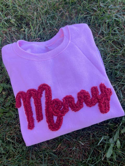 Yarn Embroidered Merry Crewneck Sweatshirt for wholesale by The Ruffled Princess Co.