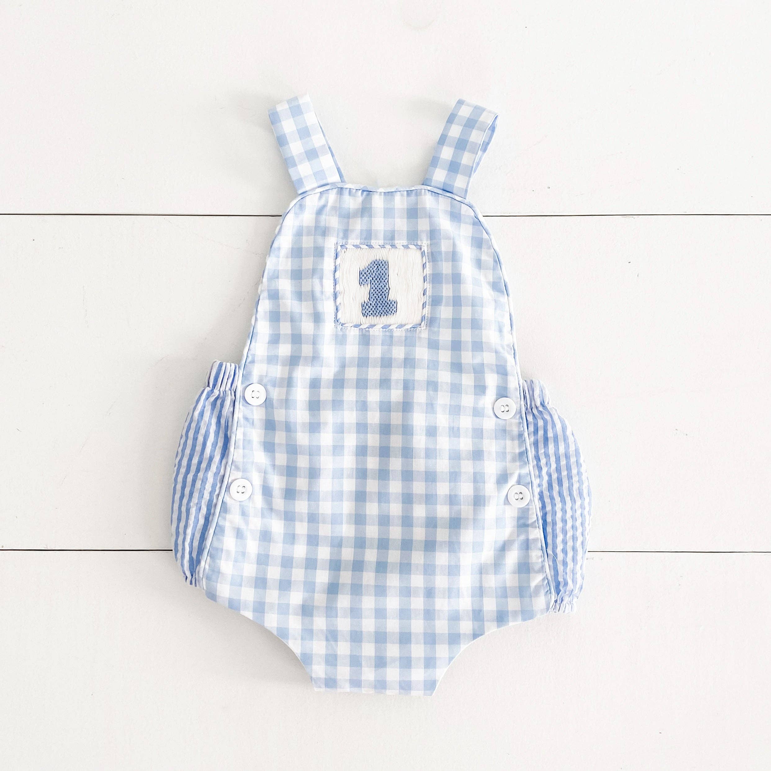 Seven Lantern Lane - Wholesale Bodysuit (Non-Footed) - Baby - Smocked Blue First Birthday Bubble0