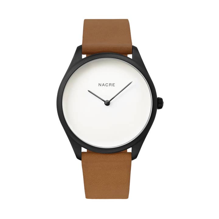 Nacre Lune Watch Pearlized Dial Matte Black - Saddle Leather for wholesale by Nacre