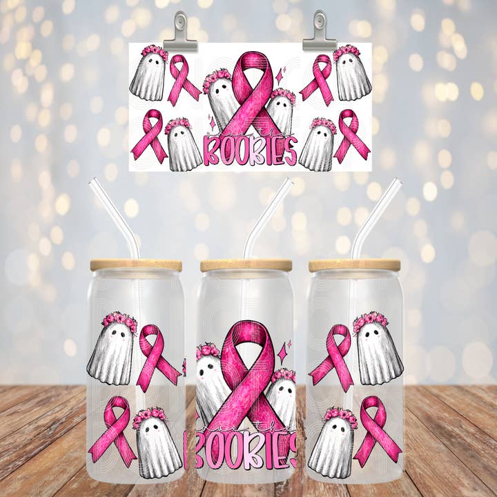 Red Dirt Transfers - Wholesale Sublimation Transfer - Boobies UV DTF Libbey Transfer | Trendy Awareness Libbey Wrap | Ready to Transfer | High Quality | Waterproof UV Transfer