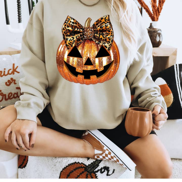 Faux Sequin Halloween Pumpkin Sweatshirt for wholesale by Southern Backroad Tees LLC