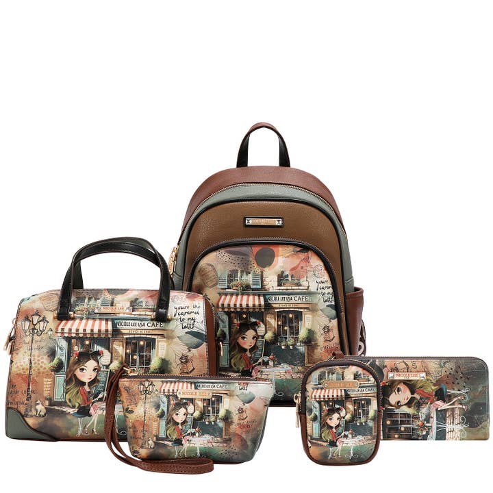 VIRTUAL FRIEND 5PC SET (BACKPACK, CROSSBODY, POUCH, COINPURS for wholesale by Nicole Lee USA