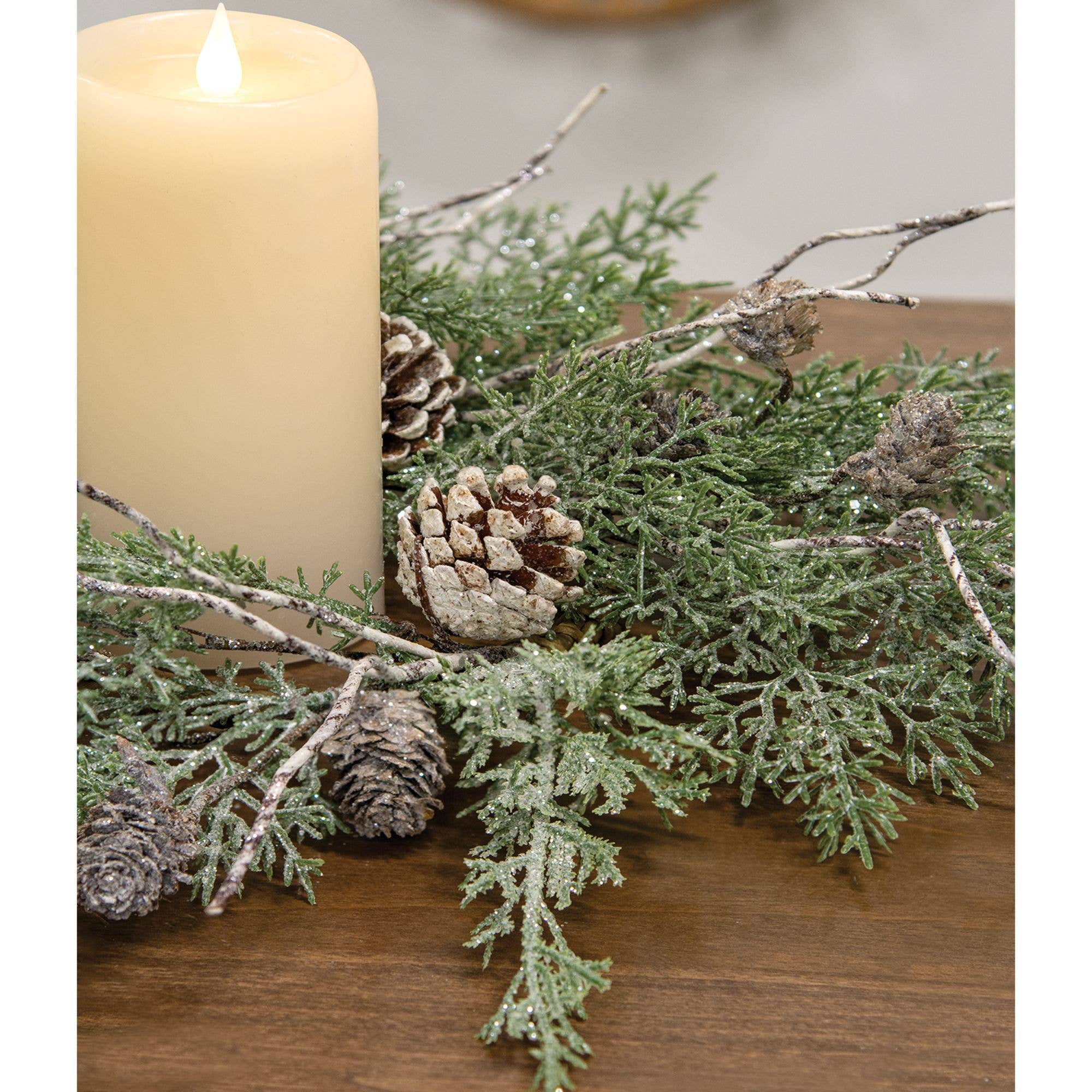 Saybrook Lane – wholesale Wreath – Durham Cedar, Birch Pinecone Candle Ring, 6.5"2