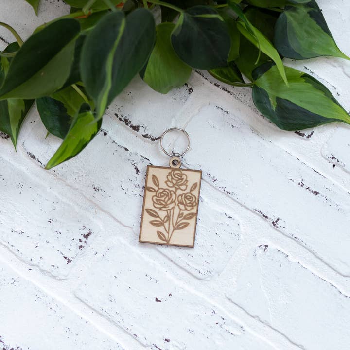 Rectangle Floral Keychain, Wooden Keychain, Flower Key Ring, Plant Lady Gift Idea for wholesale by The McGarvey Workshop