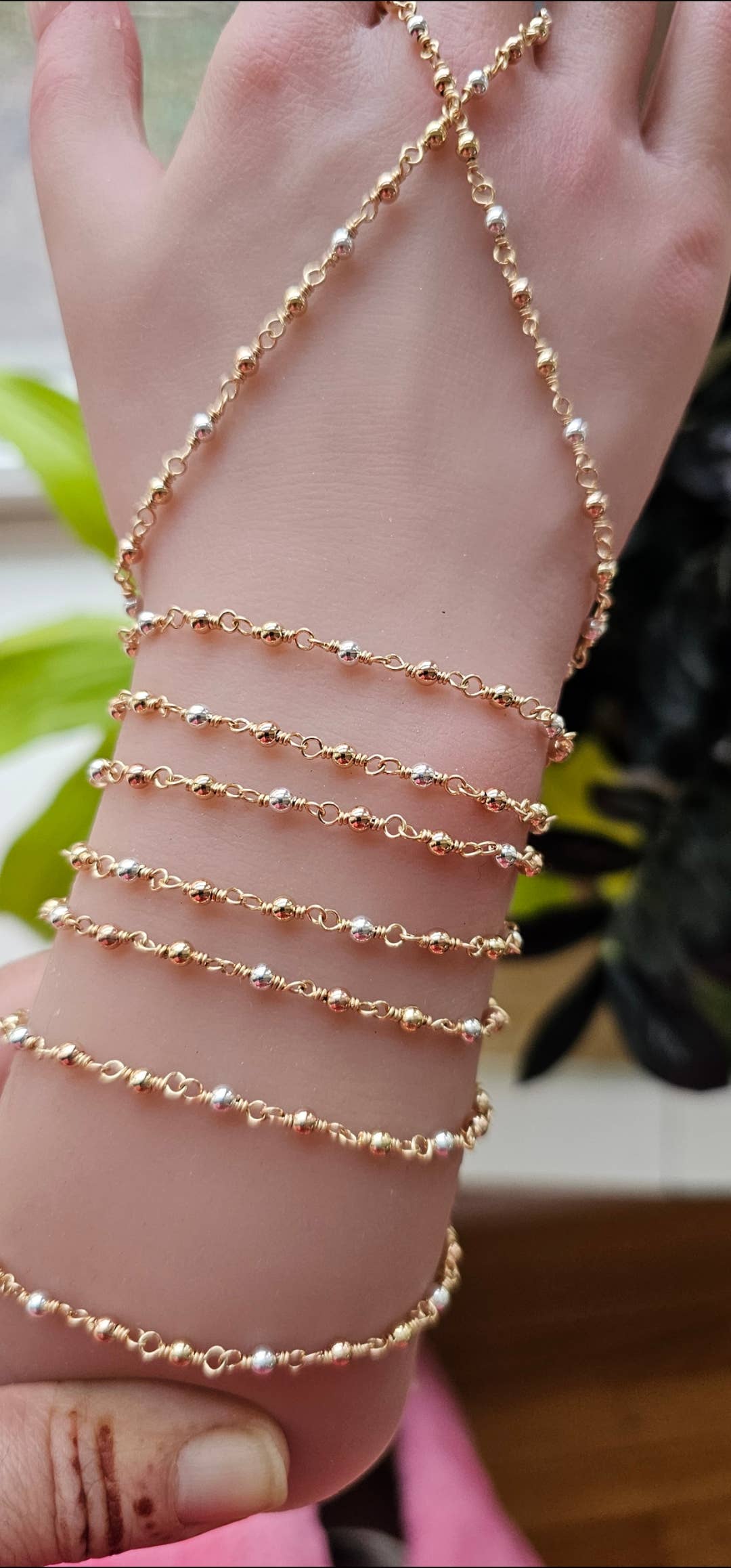 Half Moon Jewelry Designs - Wholesale Link & Chain Necklace - Tri tone mixed metal beaded chain by the foot, GF, RGF & SS5