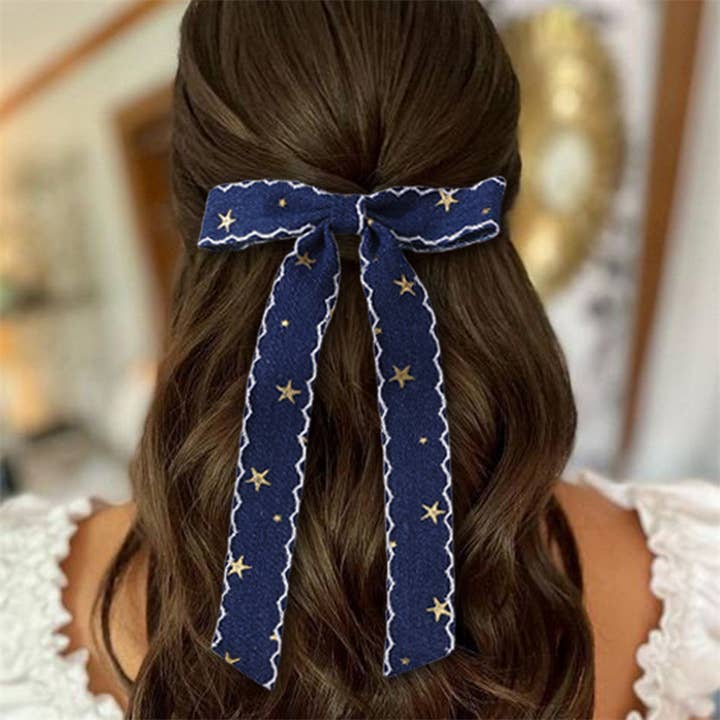 MKS America - Wholesale Hair Clip - Women's - Contrast trim Denim Ribbon Long double bow Star clips