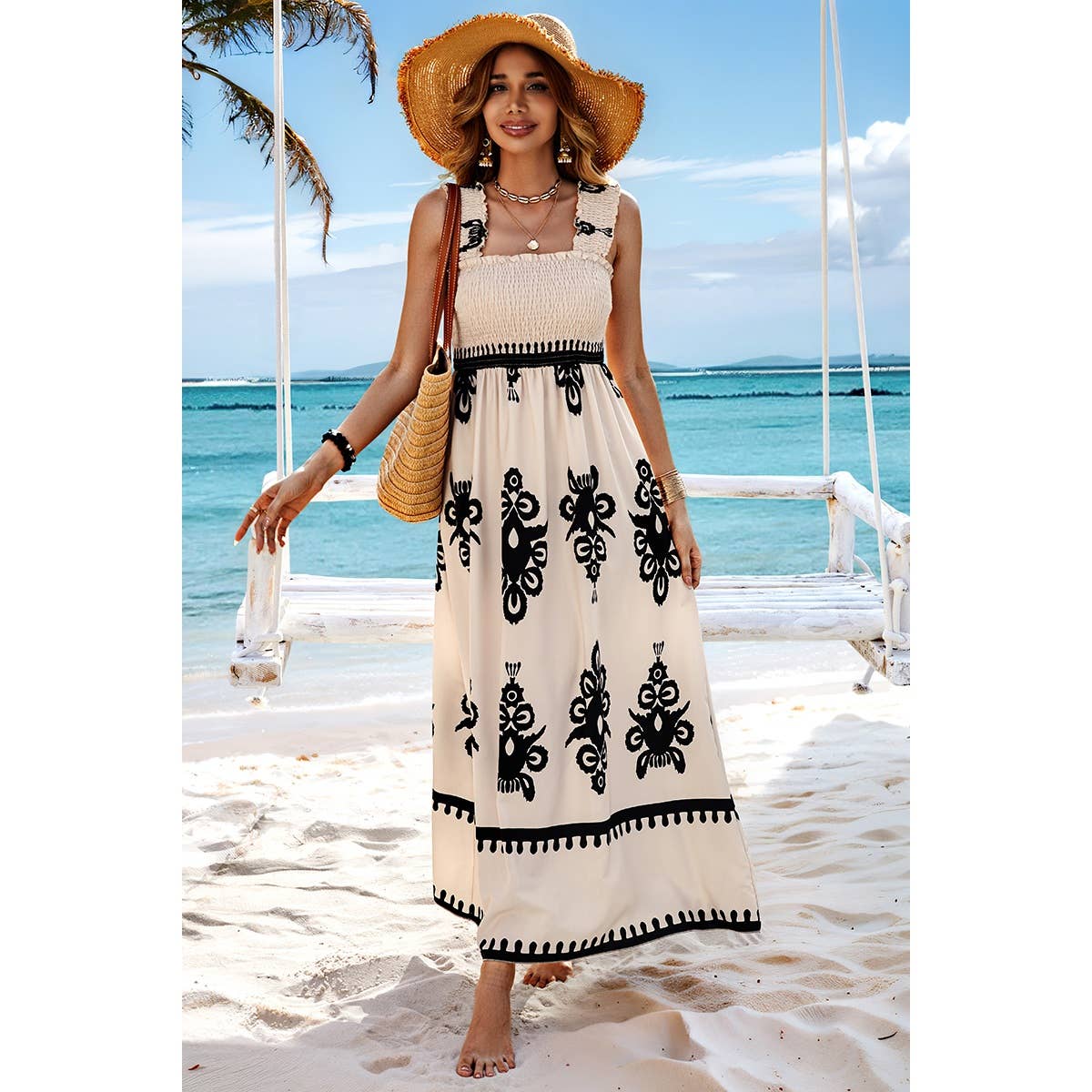 Elings - Wholesale Dress - Women's - Ruched Square Neck Sleeveless High Waist Dress5