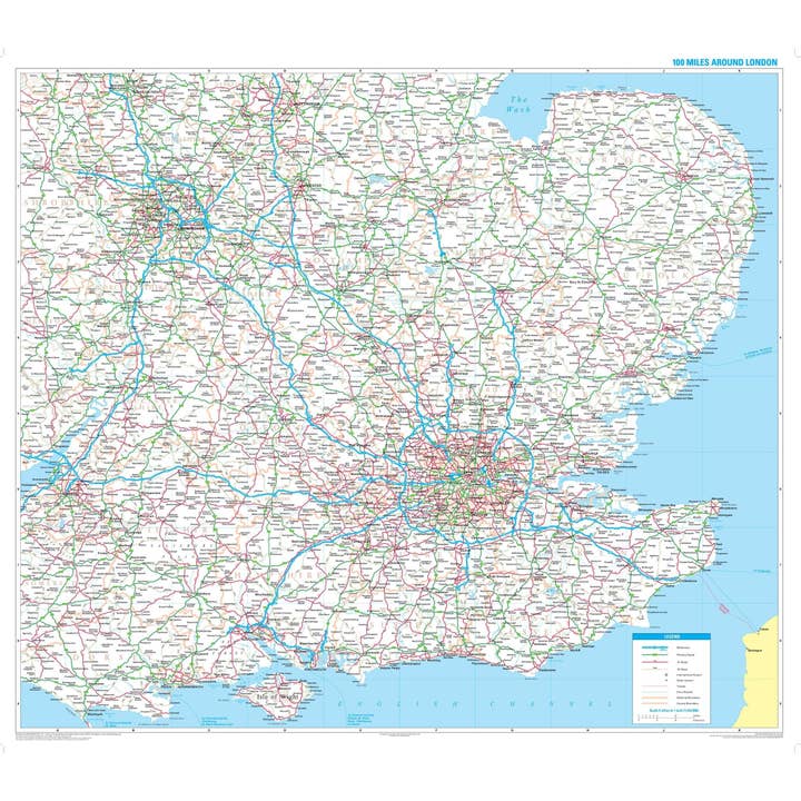 100 Miles Around London Wall Map for wholesale by Map Marketing Limited
