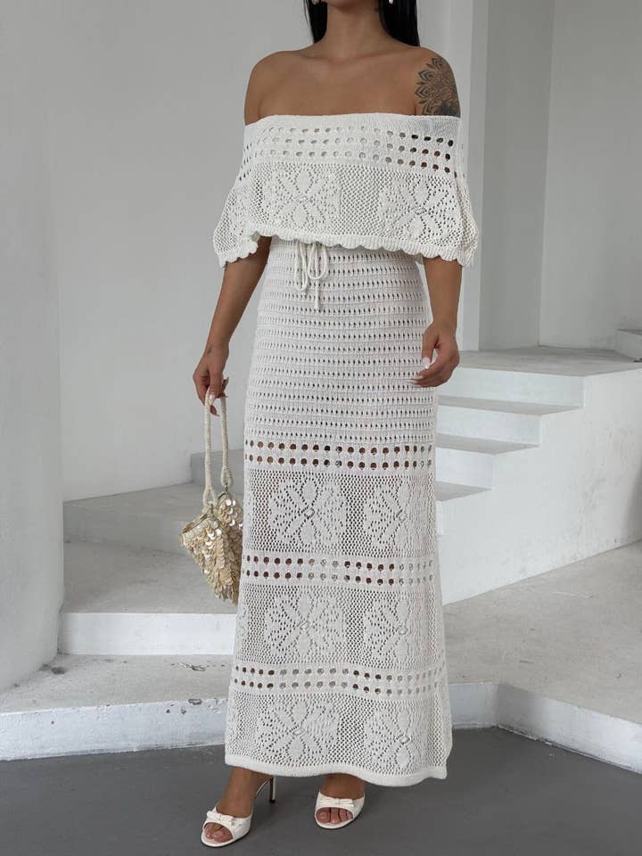 Floral knit maxi dress with off shoulder - bohemian dress for wholesale by Design company-Fatma Balkir