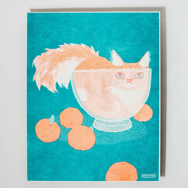 Bromstad Printing Co. - Wholesale Art Print - Orange Cat in a Bowl - Risograph Print1