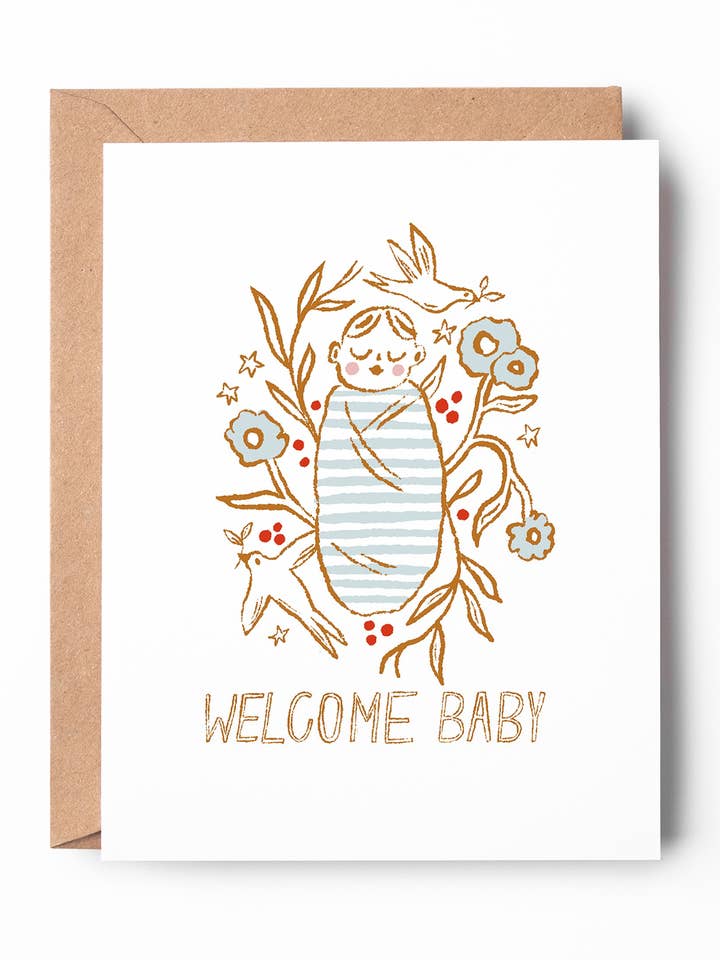 Willkommen Baby Karte | Minimalistisches Baby-Pucktuch mit Blumen für den Großhandel von Chloe Welch Art