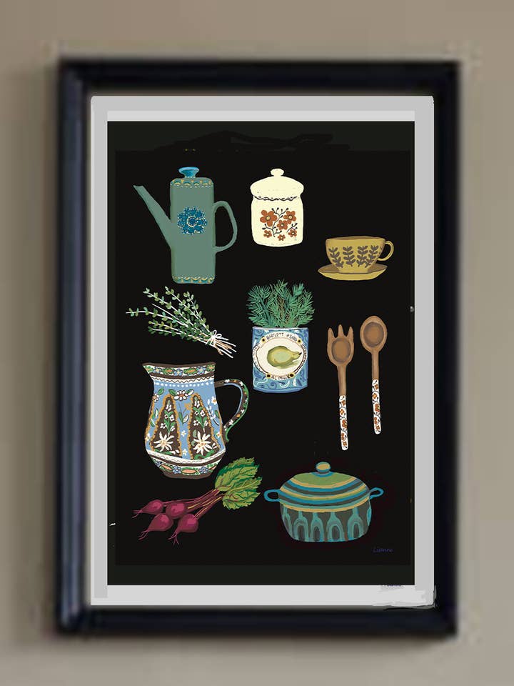 Kitchenalia Art Print for wholesale by Pink Pen Studio