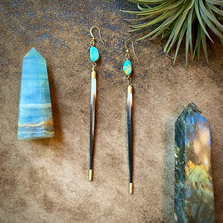 ASTALI - Wholesale Dangle Earrings - Porcupine Quill & Turquoise Earrings, Real Turquoise & Quill