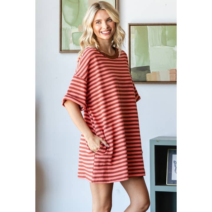 Veveret - Wholesale Dress - Women's - Stripe Knit Pullover Oversized Tee Dress