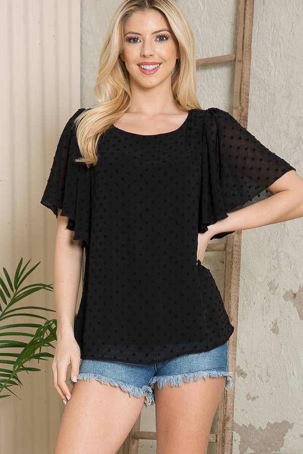 Orange Farm Clothing - Wholesale Blouse - Women's - Swiss Dot Flutter Sleeve Blouse-Solid1