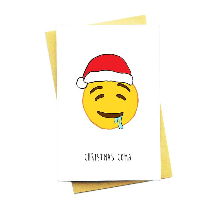 Jul Coma... Funny Cute Emoji Julekort for engroshandel hos Nocturnal Paper