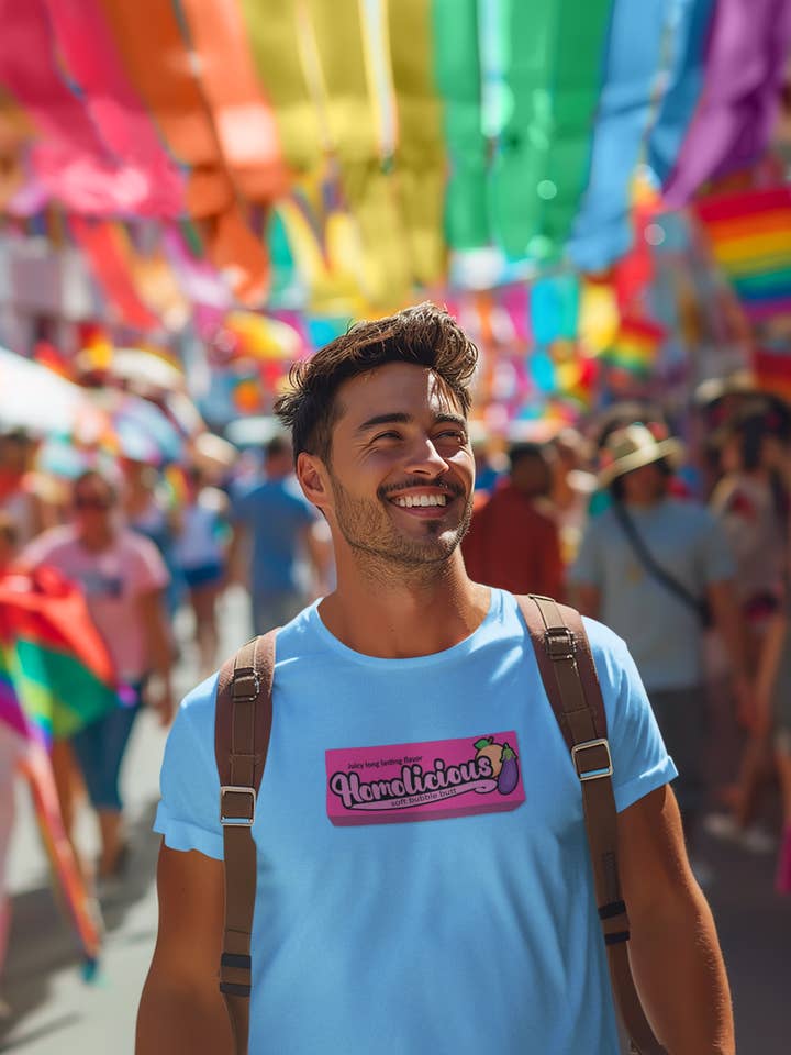 PrideMajic - Wholesale Screen Printed T-Shirt - Unisex - Homolicious Neon Blue T-Shirt – Bubblicious-Inspired LGBTQ+