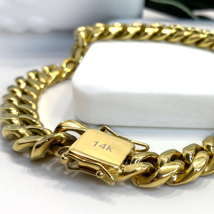 DIJU Jewelry – Engroshandel Armbånd med led og kæde – 14mm Miami Cuban Link armbånd i 14 k guld fyldt med dobbelt sikkerhed lås boks lås, Unisex bremse kæde, engros smykker Supplies