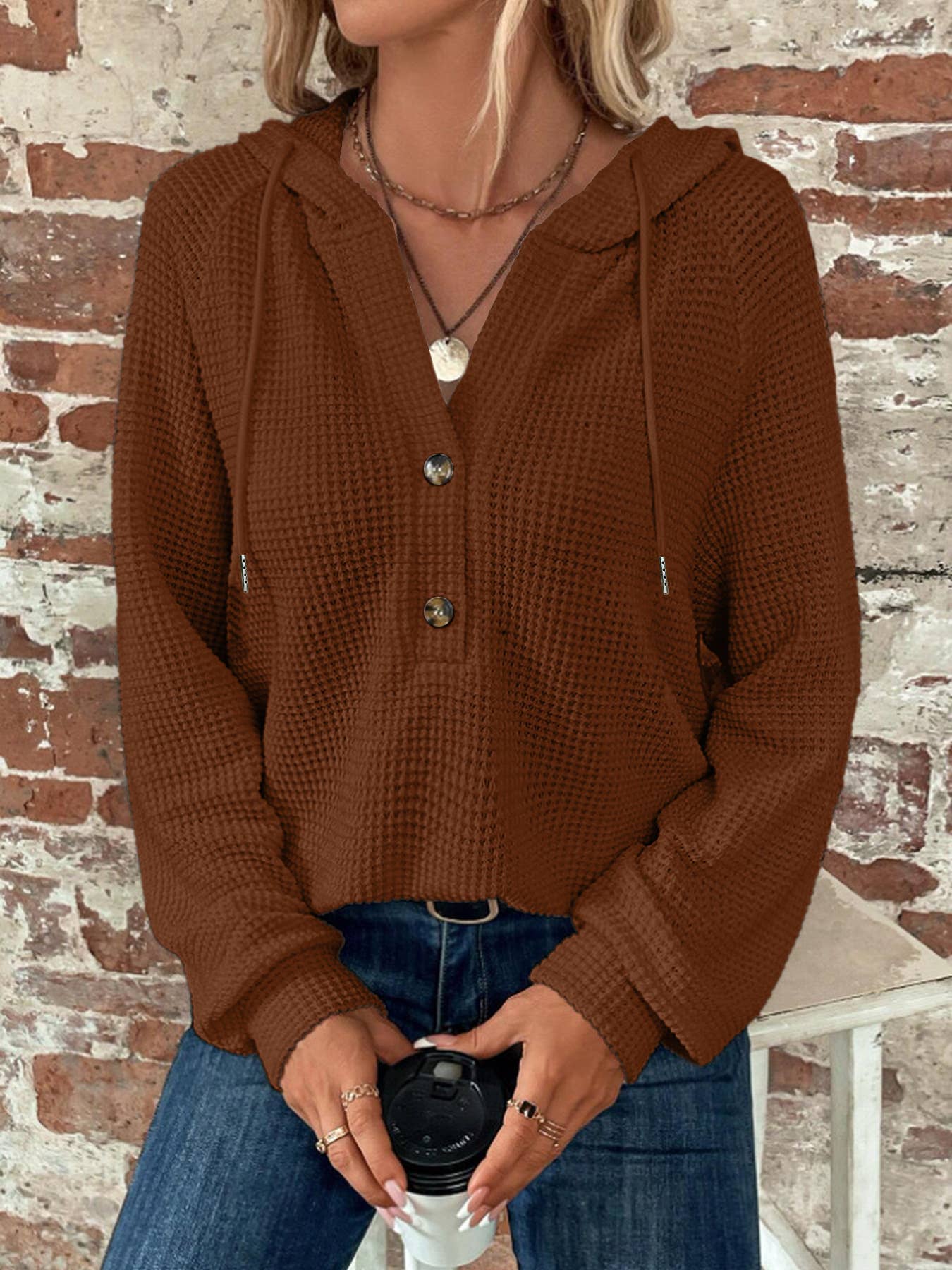 Lily Clothing - Vente Sweat à capuche – femme - Sweat à capuche uni à boutons et manches longues4