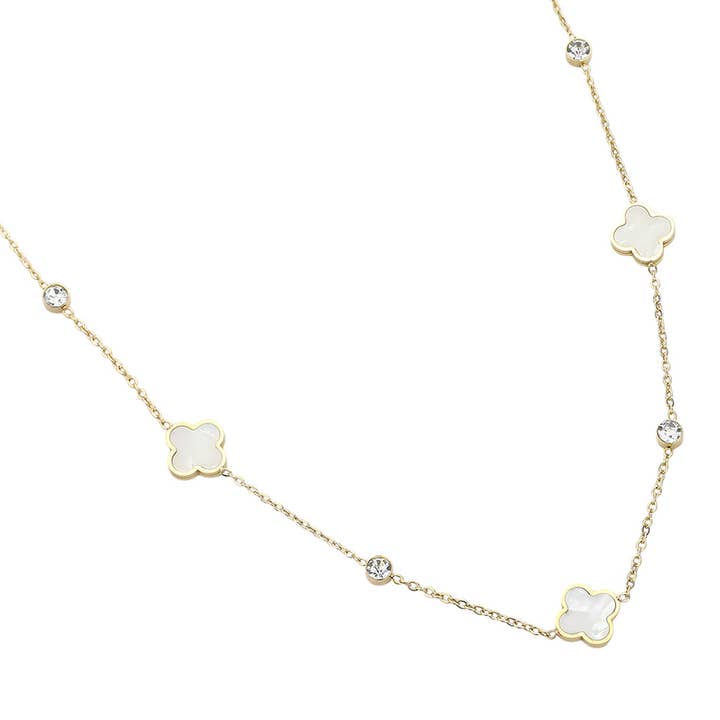 Wona Trading, Inc. - Wholesale Pendant/Charm Necklace - Stainless Steel Quatrefoil Stone Bezel Station Necklace