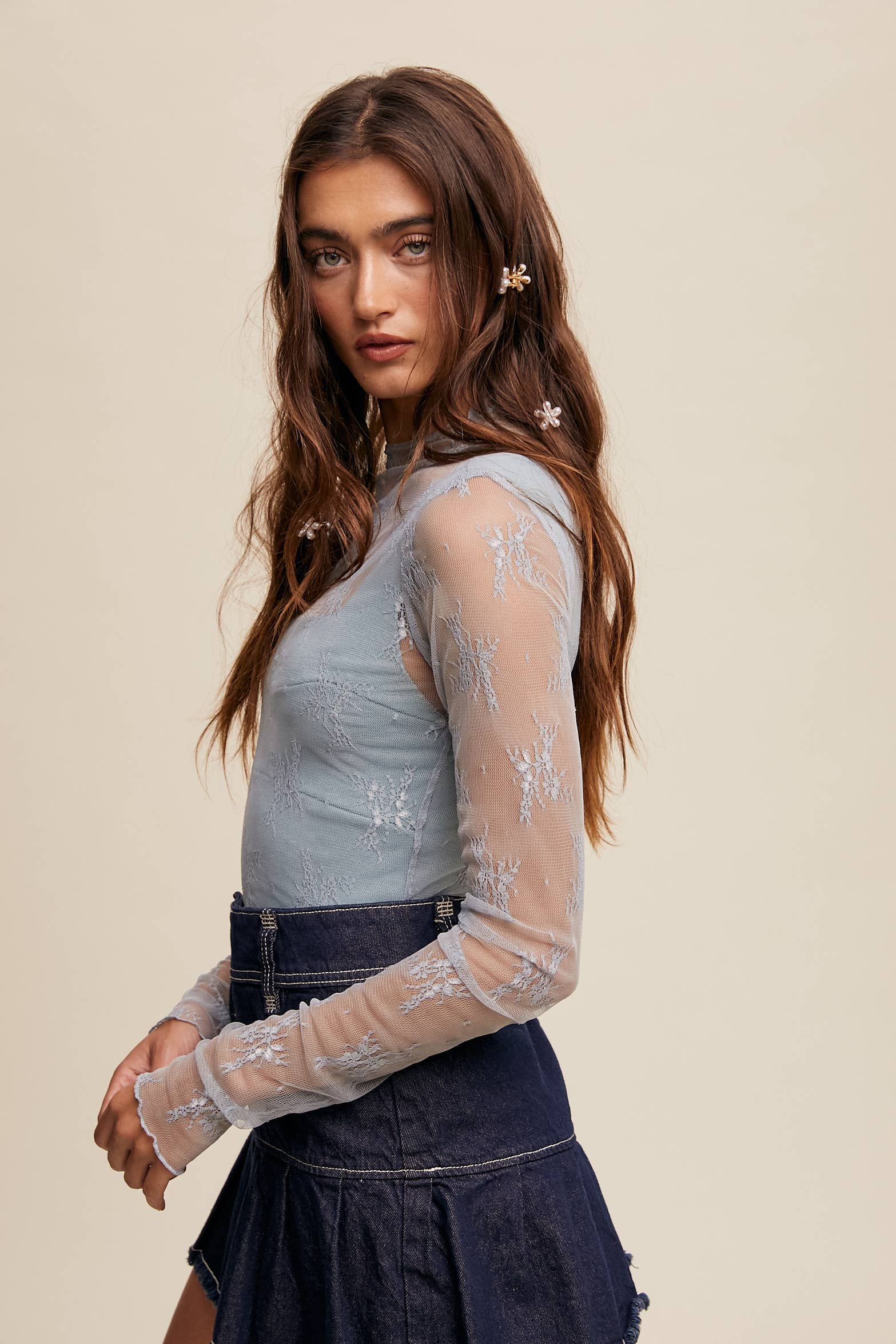 Listicle - Wholesale Blouse - Women's - Sheer Lace Long-Sleeve Top106