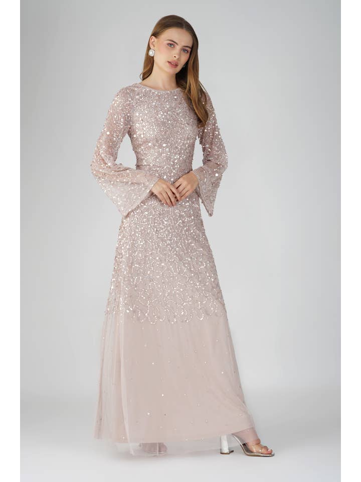Diane Long Sleeve Embellished Maxi Dress in Mink for wholesale on Faire