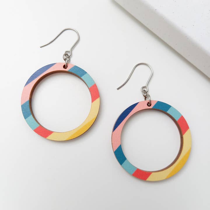 Colourful Striped Print Wooden Hoop Earrings for wholesale by Unique Ella
