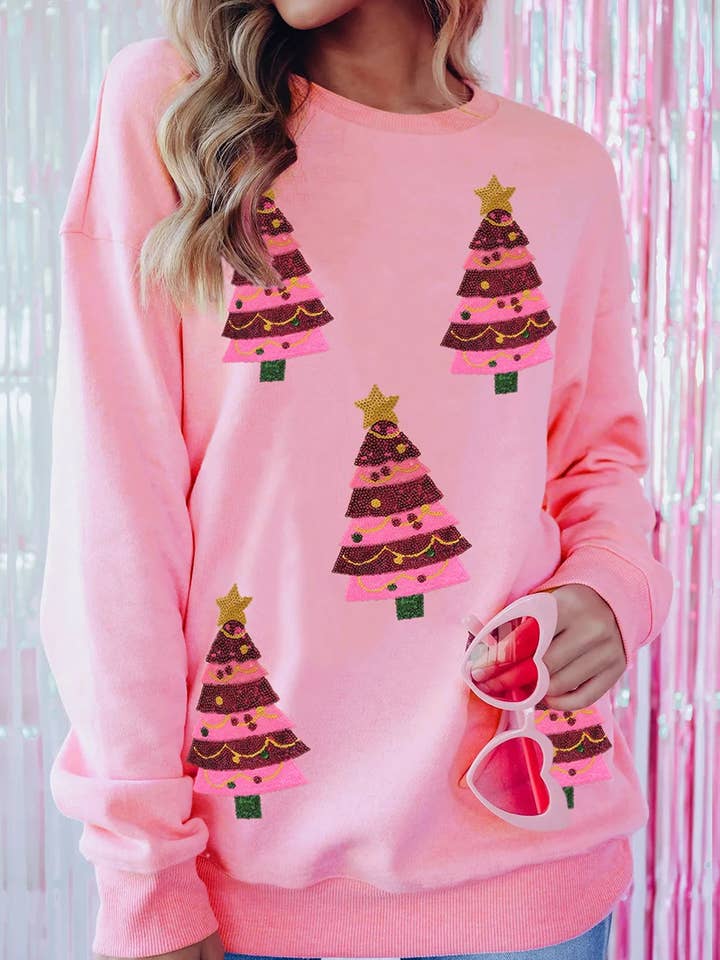 Pink Sequin Christmas Tree Graphic Drop Shoulder Sweatshirt for wholesale on Faire0