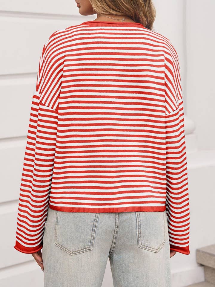 Suhkasana - Wholesale Cardigan - Women's - Striped Color Block Cardigan Sweater | Long Sleeve Casual Open Front2