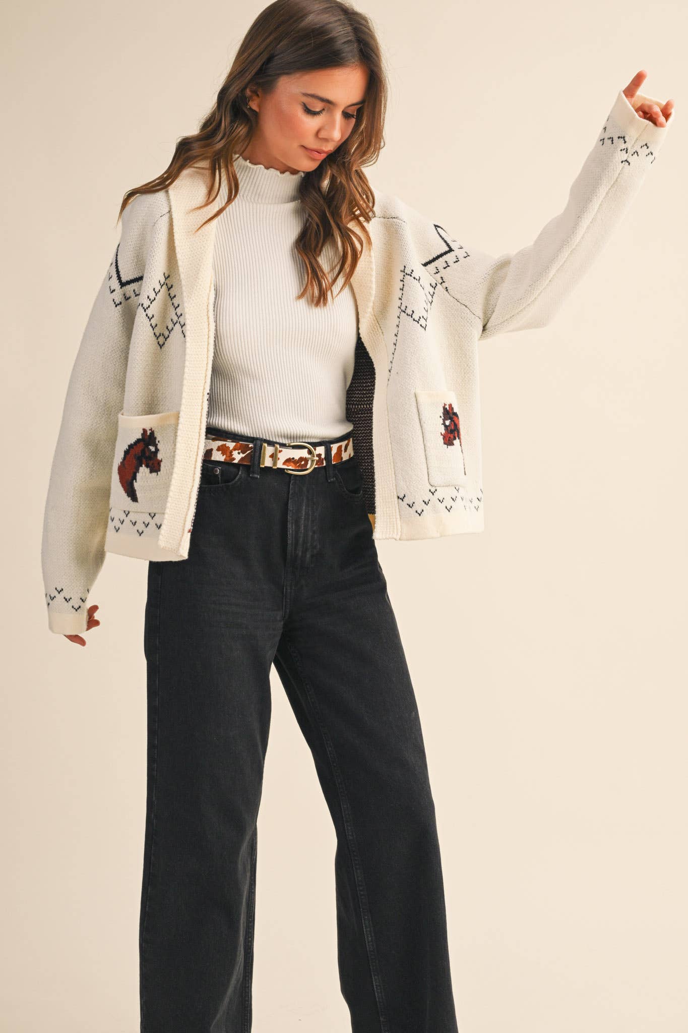 &MERCI - Wholesale Cardigan - Women's - HORSE KNIT SWEATER CARDIGAN MSW1080733