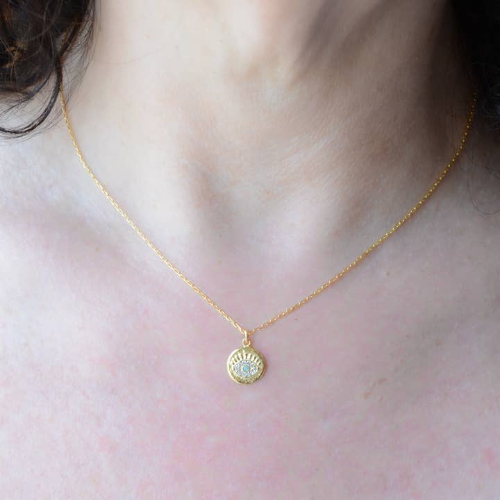 AJS Design Studio – Colar pingente/pendente por atacado – Colar olho dourado com detalhes em turquesa e zircônia cúbica