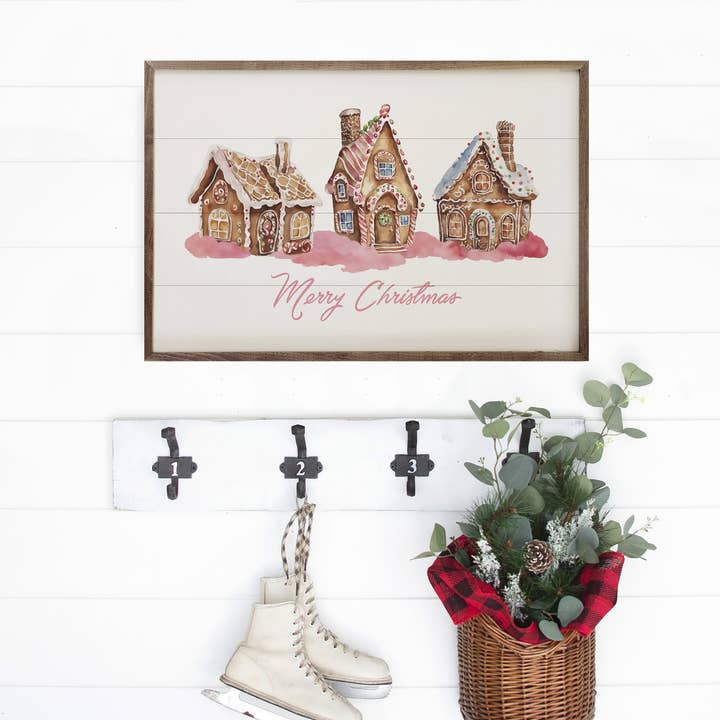 Kendrick Home - Wholesale Wood Wall Art - Pink Merry Christmas Gingerbread Houses White
