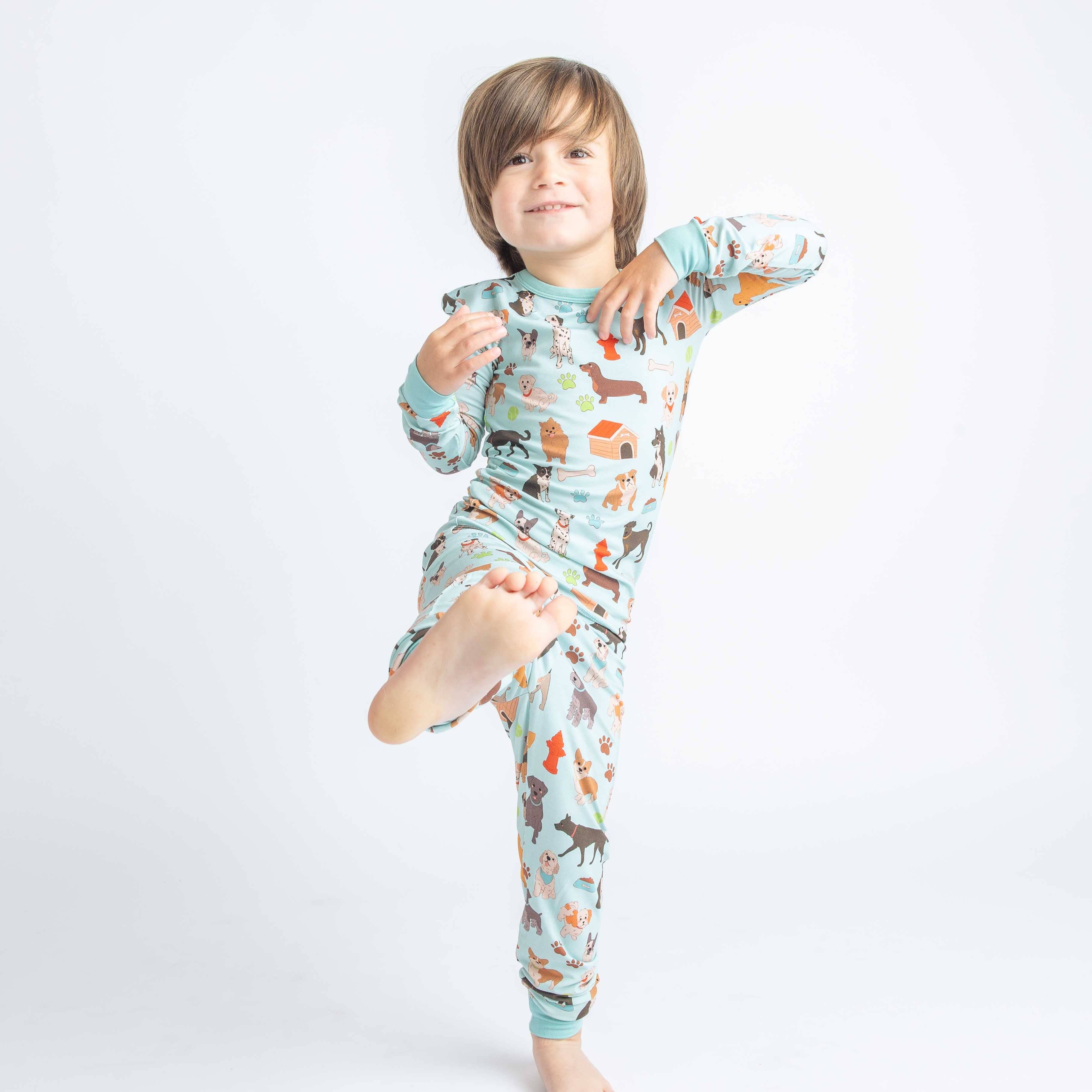 Blue Multi Dogs Bark Pets Kids Bamboo Pajamas Toddler Sleep Set for wholesale on Faire2