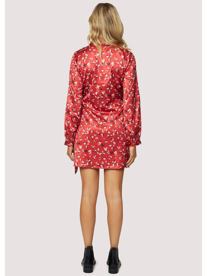 Falling In Love Mini Dress - Red Satin Floral Waist Tie for wholesale on Faire