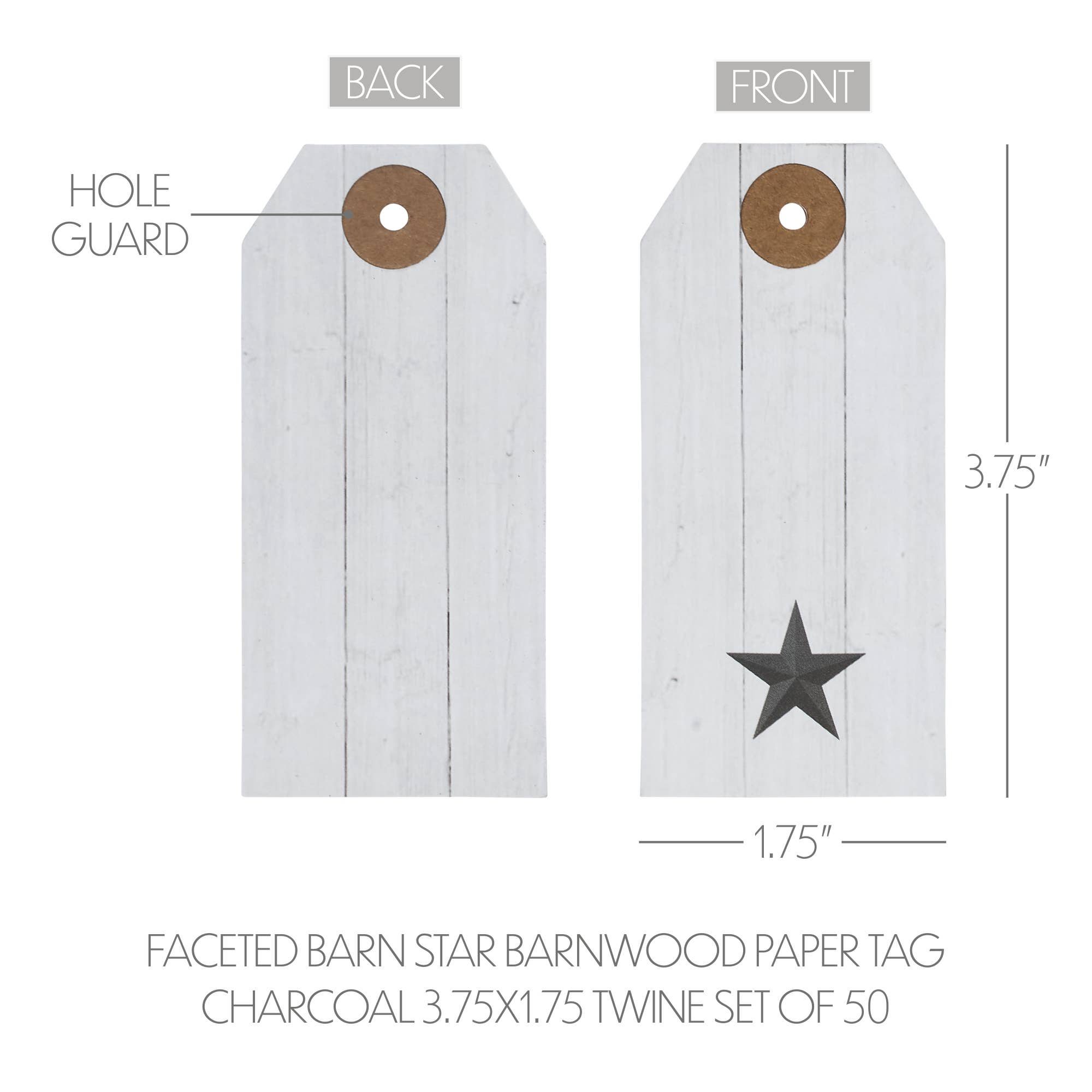 VHC Brands - Wholesale Gift Tag Label - Faceted Barn Star Barnwood Paper Tag Charcoal 3.75x1.75 w/ Twine Set of 503