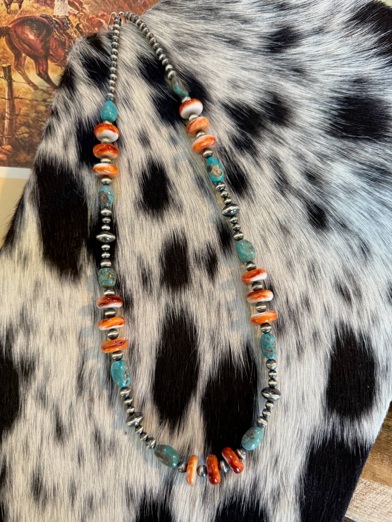Z Bars Jewelry - Wholesale Beaded/Pearl Necklace - #018 Orange Spiny/Turquoise & Sterling Pearls