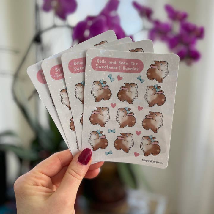 Kitty and Corgi and Friends LLC - Vente Autocollant - Belle et Beau les Lapins Amoureux Feuille d'Autocollants Holographiques2