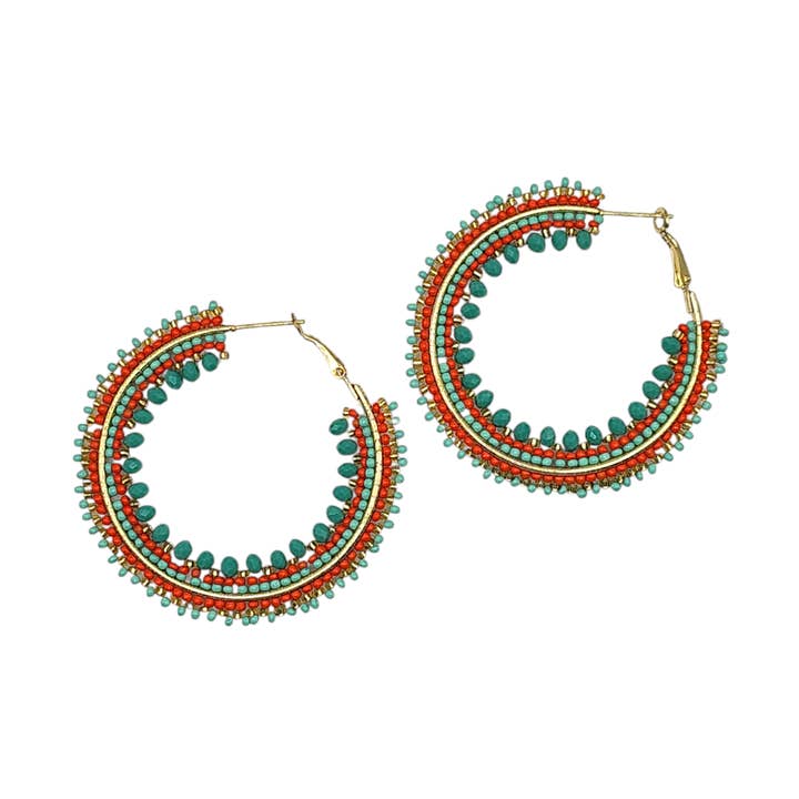 Coral & Aqua Beaded Ombre Hoop Earrings for wholesale by Narratives The Line