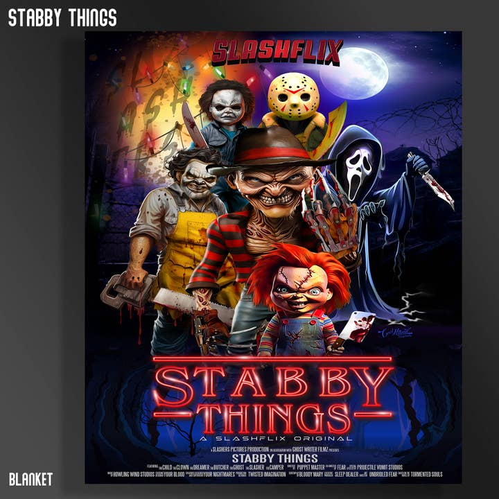 SquatchSwag – wholesale Prydnadsfilt – Stabby Things -Horror Sherpa-fodrad dun/filt