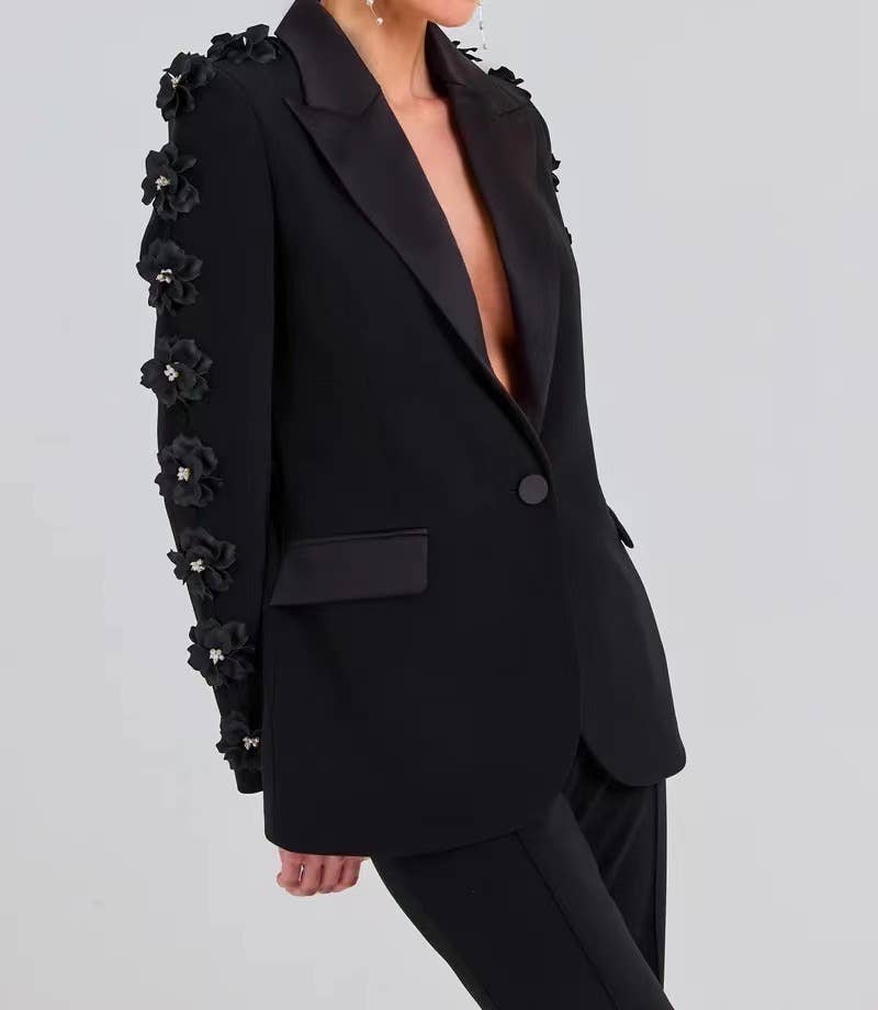 Black SET6-21 Elegant Floral Ruffle Blazer & Flare Pant Suit for wholesale on Faire4