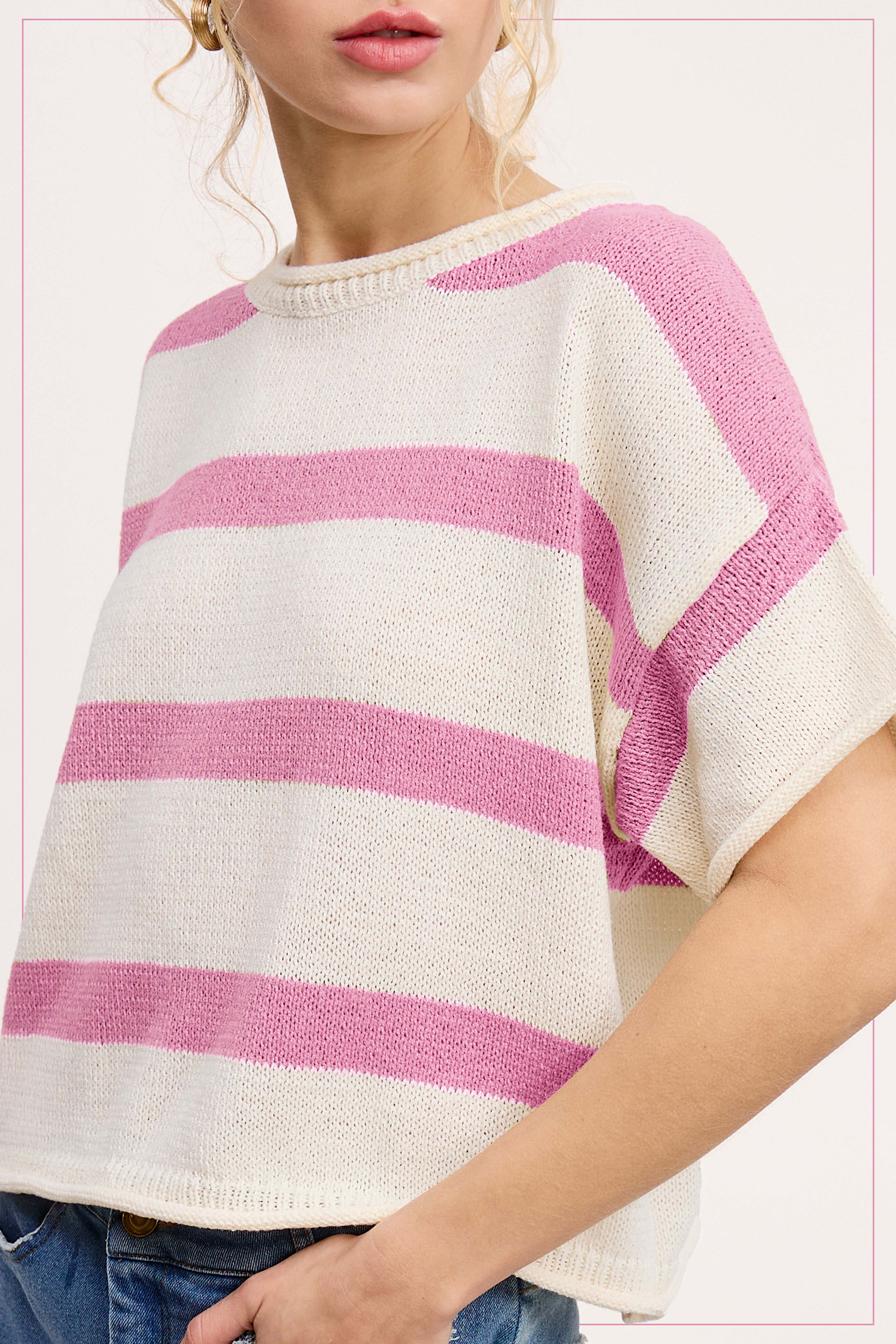 La Miel - Vendita all'ingrosso Maglione tricot - Donna - MCS3579-Boxy Silhouette Maglione Leggero A Righe9