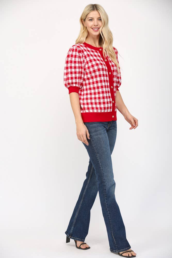 ROSSO/BIANCO CARDIGAN CORTO A FANTASIA GINGHAM CON BORDI A ONDA FW10334 in vendita all'ingrosso su Faire7